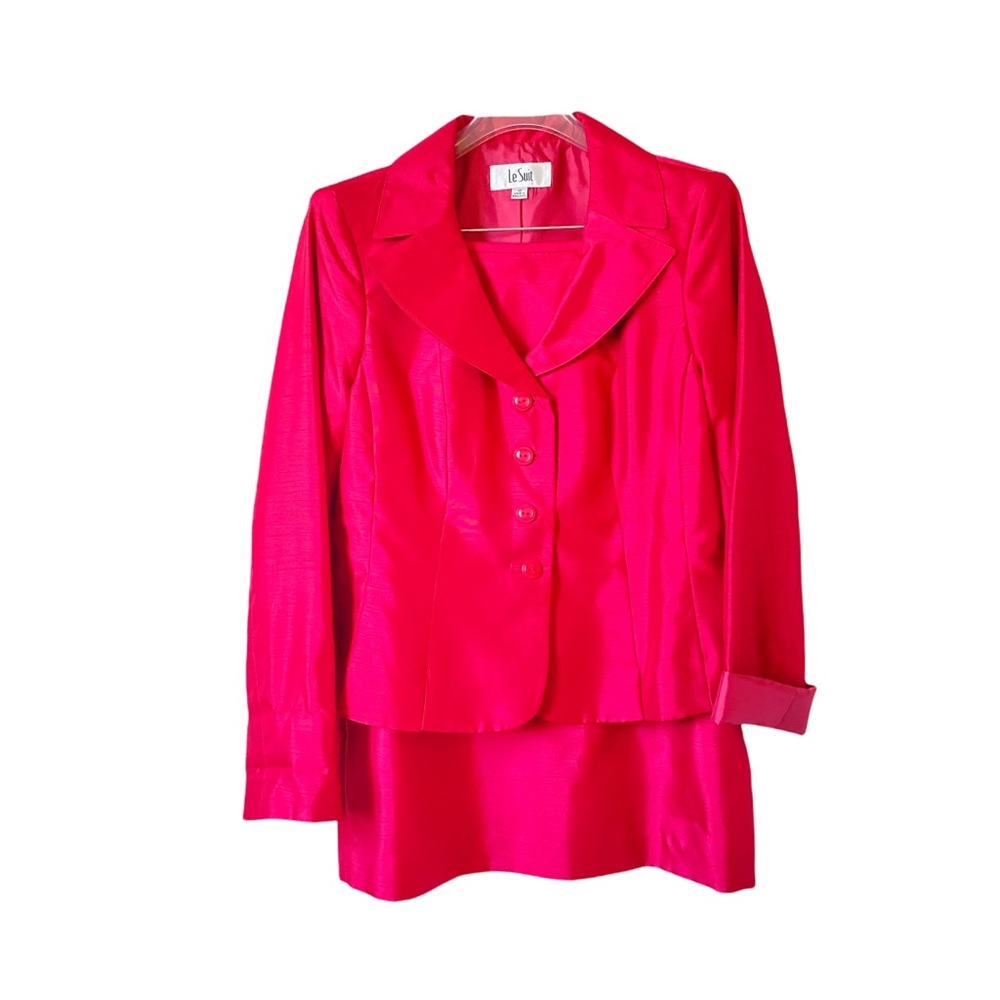 Hot pink satin look sassy suit, size 10, excellent condition, like new.